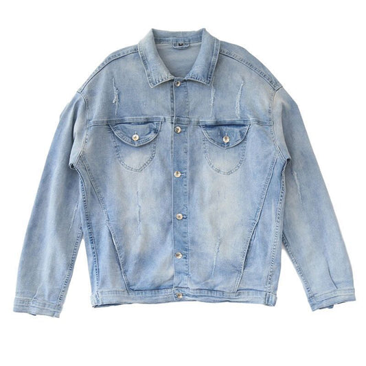 Trendy Casual Oversized Distressed Riped Spijkerjacket met Knoopsluiting en Zakken voor Heren