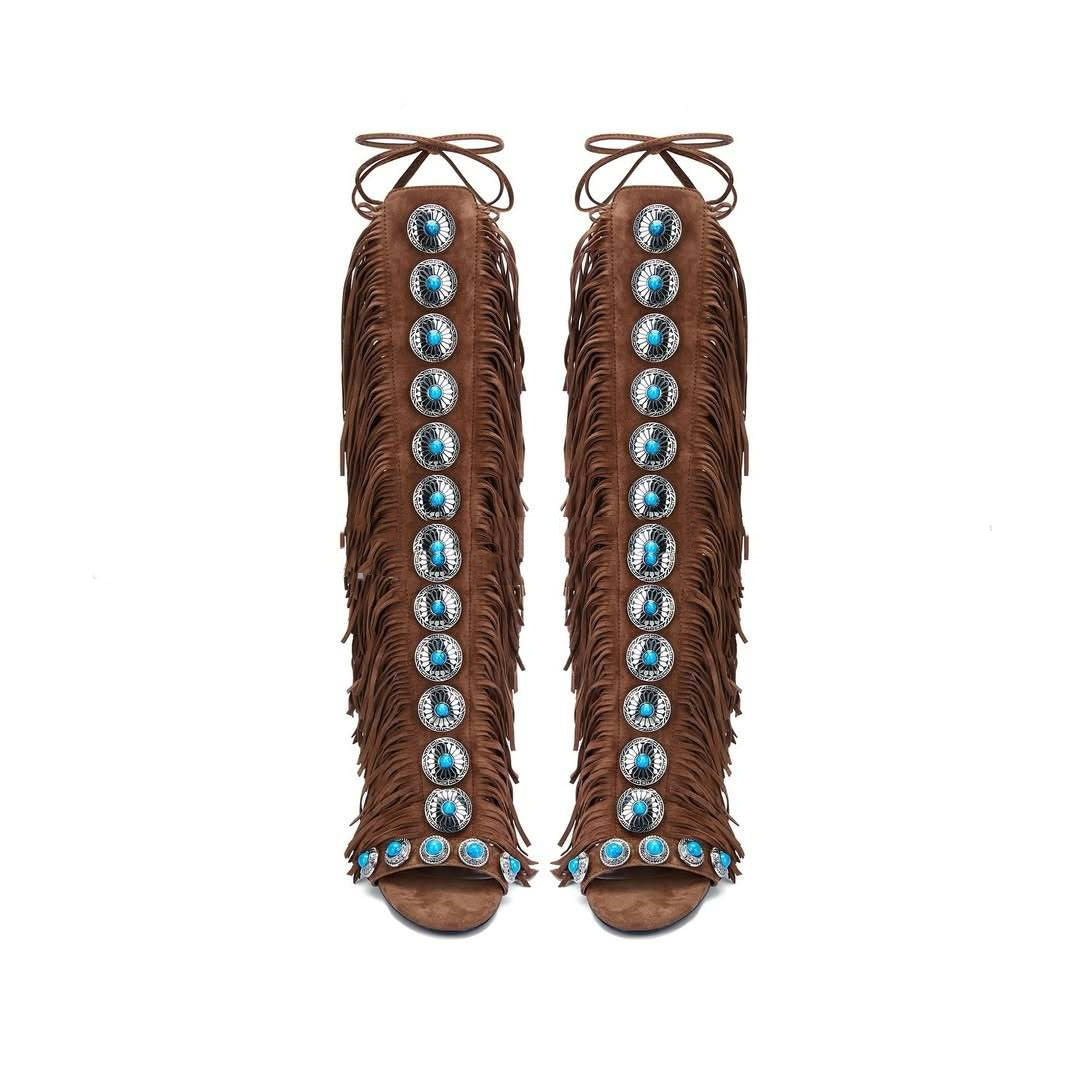 Europese en Amerikaanse Elegante Effen Kleur Sandaletten Laarzen van PU-Leer in Native Stijl met Franjes en Vetersluiting voor Dames & Meiden