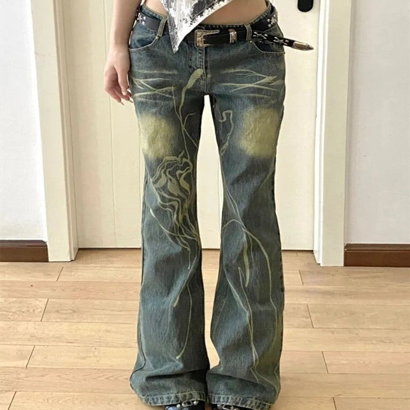 Amerikaanse Retro Washed-out Slightly Flared Jeans voor Dames/ Plus-size & Meisjes