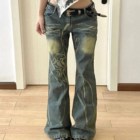 Amerikaanse Retro Washed-out Slightly Flared Jeans voor Dames/ Plus-size & Meisjes