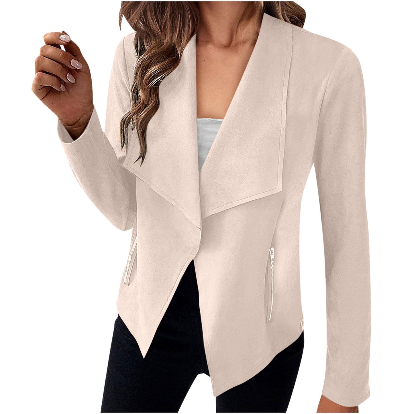 Stijlvolle Casual/Business in Effen Kleur Revers Suède Open Blazer met Ritszakken voor Dames & Plus-size