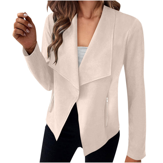 Stijlvolle Casual/Business in Effen Kleur Revers Suède Open Blazer met Ritszakken voor Dames & Plus-size