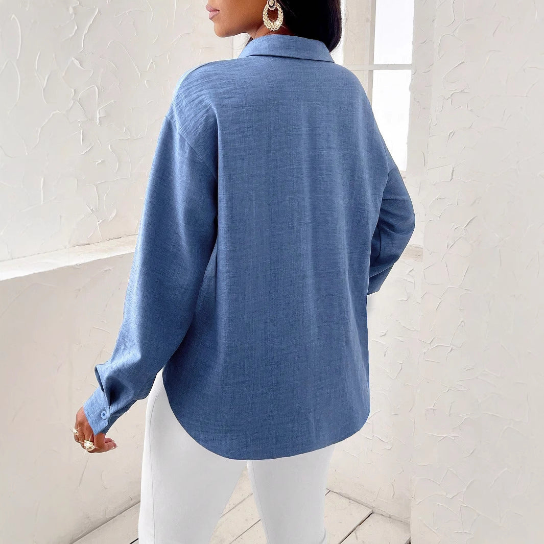 Amerikaanse Mode Casual Effen Kleur Forensenshirt met Lange Mouwen voor Dames & Plus-size