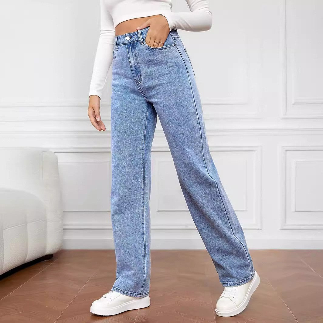 Fashion Washed Mid Waist Straight Jeans met Zakken voor Dames & Plus-size