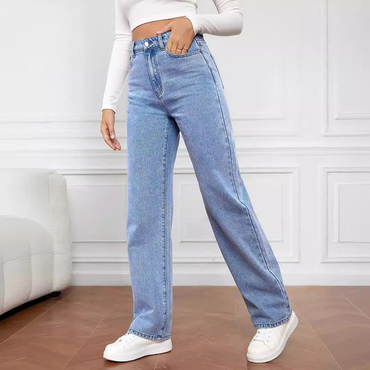 Fashion Washed Mid Waist Straight Jeans met Zakken voor Dames & Plus-size