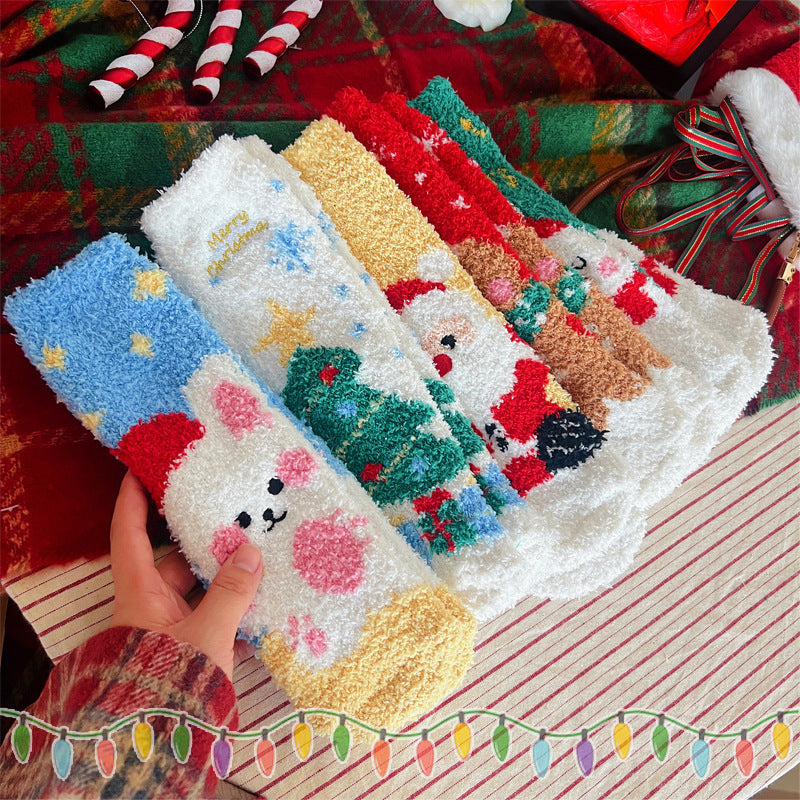 Kerstmis Schattige Thermische Fleece Kerstsokken met Kerstpatroon voor Binnenshuis voor Dames