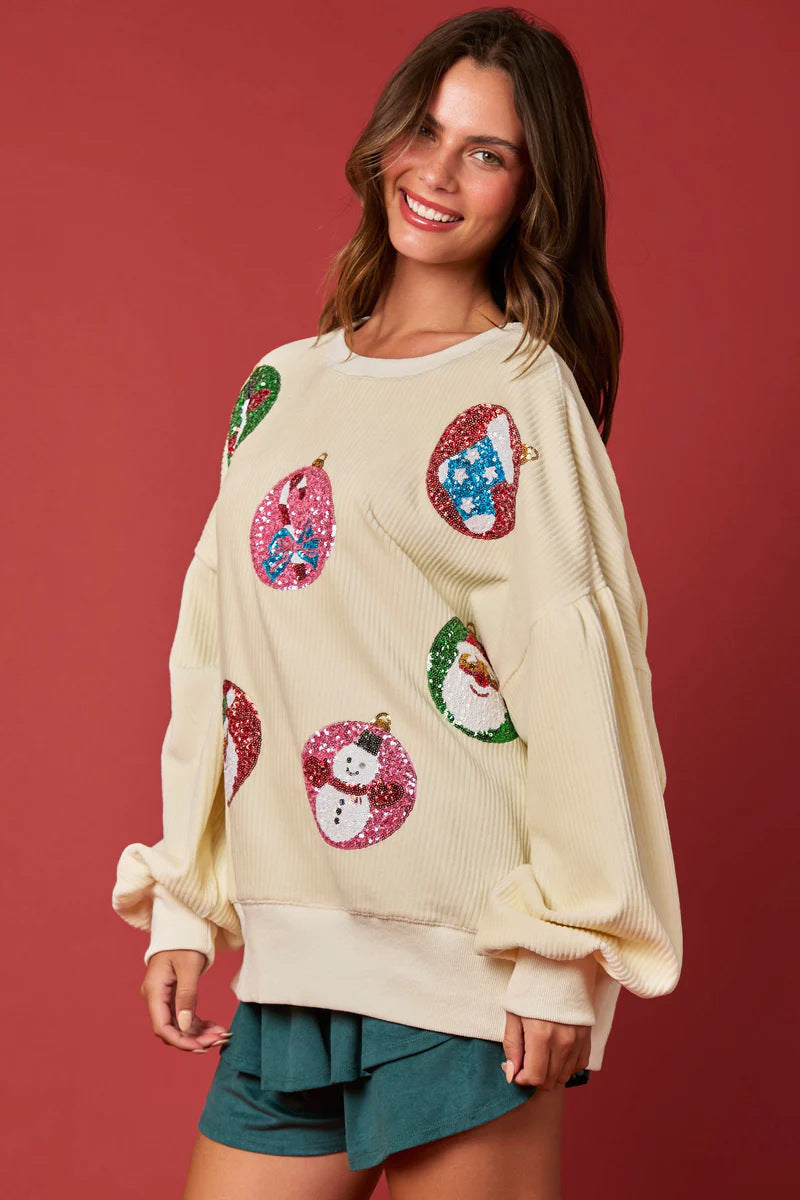 Kerstmis Stijlvolle Oversized Kerstballen Sweatshirt met Geborduurde Pailletten en Ronde Hals  voor Dames & Plus-size