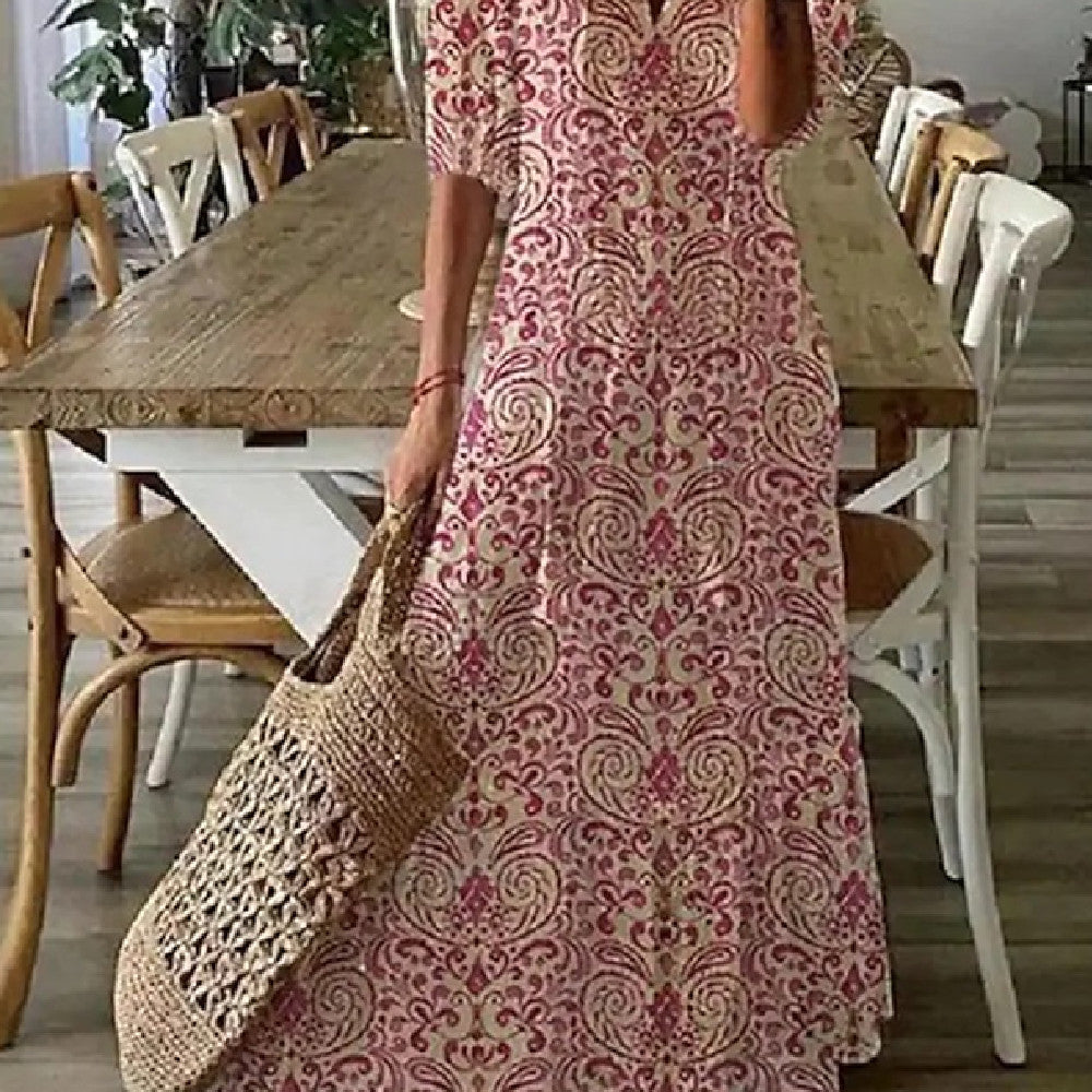 Stijlvolle Elegante Bedrukte Bloemenprint Maxi-jurk met Lange Mouwen en V-hals voor Dames & Plus-size