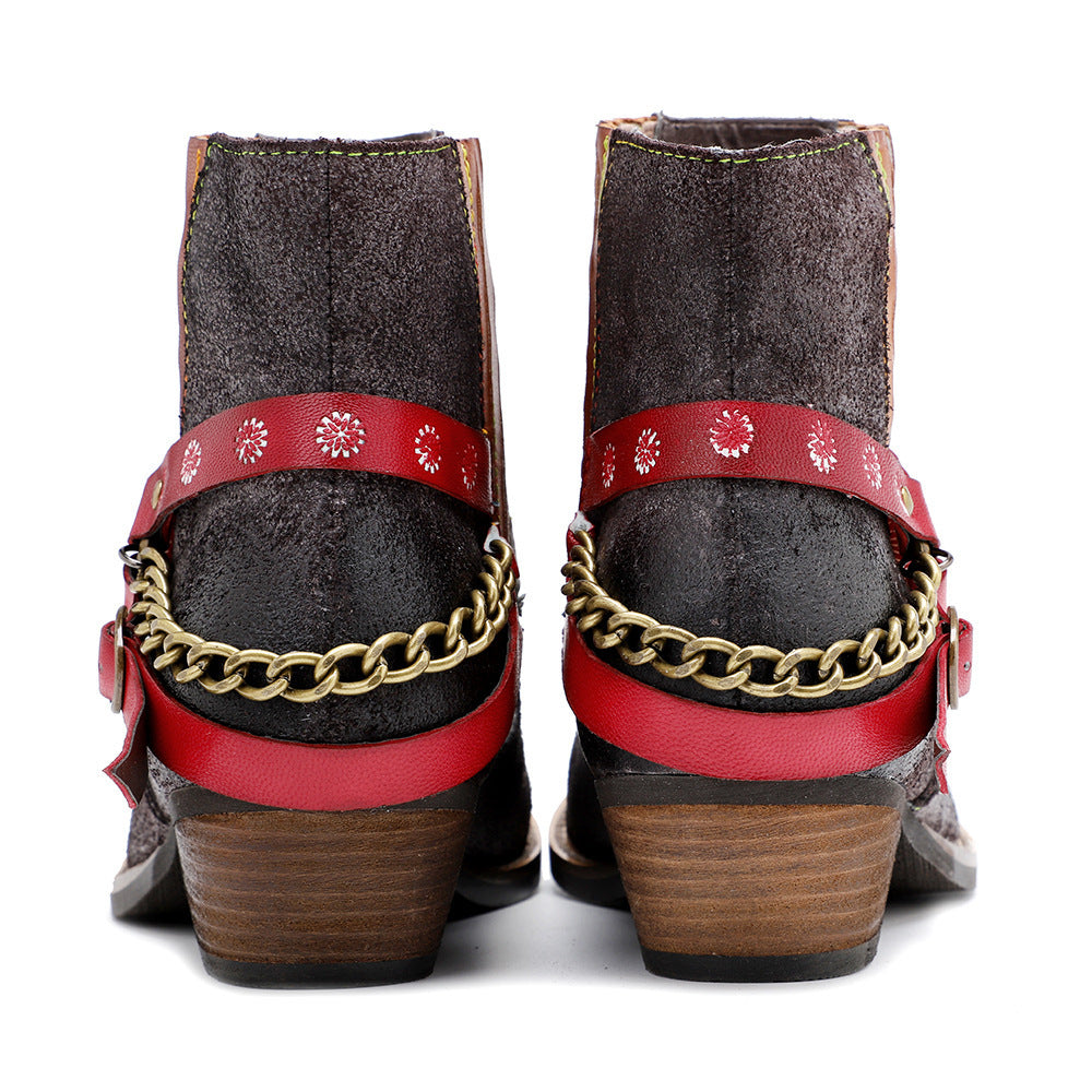 Amerikaanse Fashion Vintage Handgemaakte Matte Cowboy Enkellaarzen van Echt Leer met Geomestrisch Studded-band en Enkelketting voor Dames & Plus-size