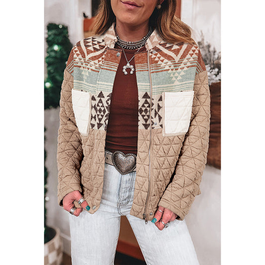 Europese en Amerikaanse Casual Losse Quilted jacket met Ritssluiting en Aztekenpatroon voor Dames
