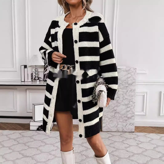 Casual Losse Gestreepte Trui-cardigan met Knopen in Europese en Amerikaanse Stijl  voor Dames & Meiden