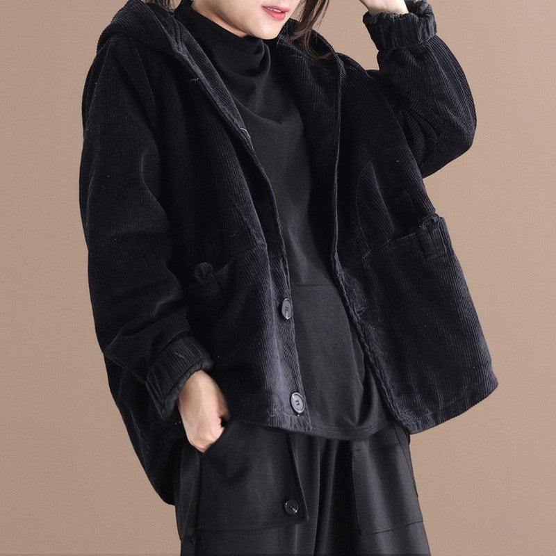 Trendy Effen Kleur Gestreepte Corduroy Korte Jacket met Knoopsluiting in Harajuku Stijl voor Dames