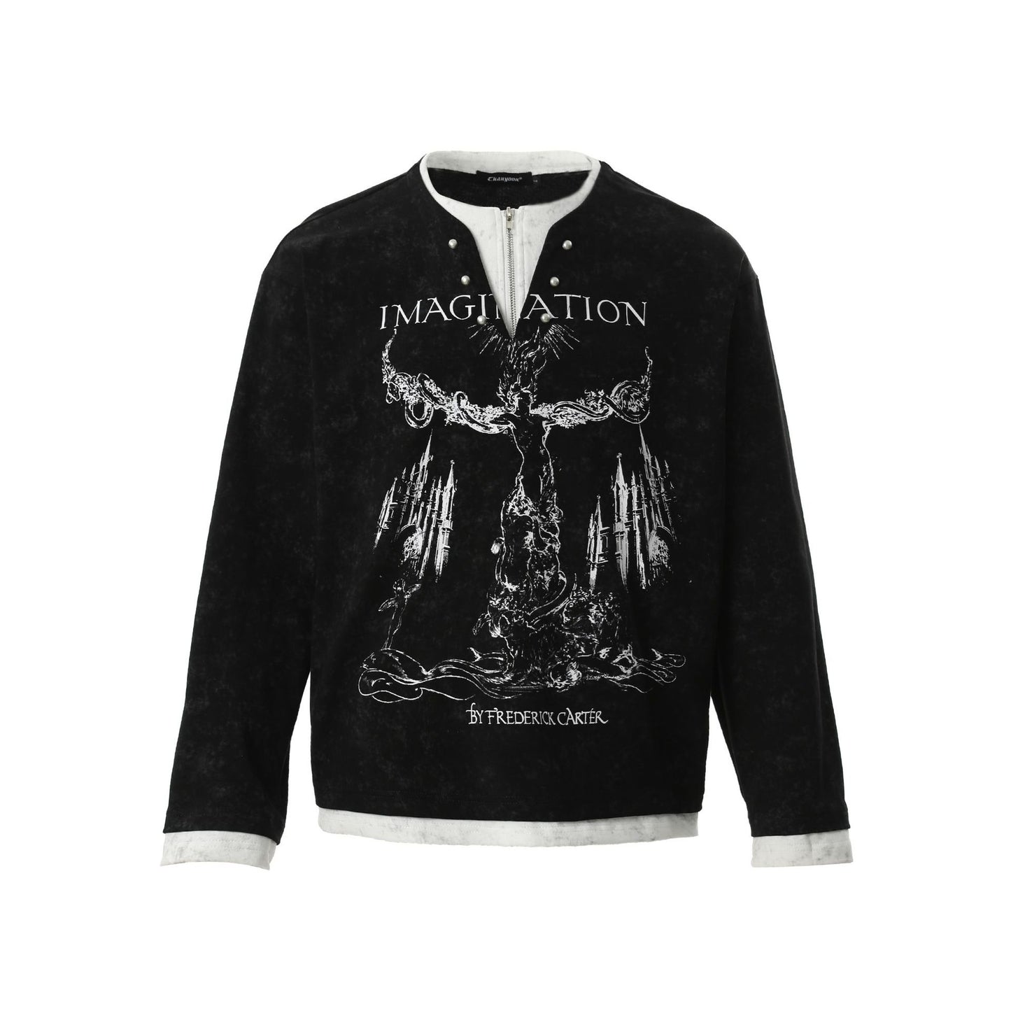 Amerikaanse Retro Punk Bedrukte Long Sleeve Tweedelig T-shirt met Parelknoopsluiting en V-hals voor Unisex