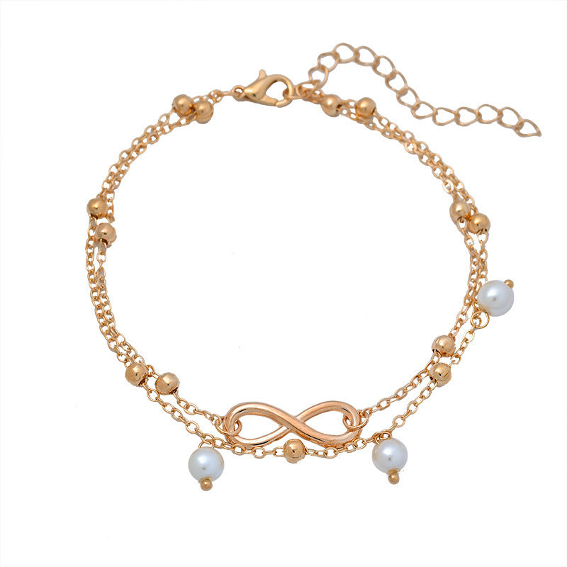 Amerikaanse Stijlvolle Elegante Vintage Enkelbandje met Pareltjes en Infinity-hanger voor Dames