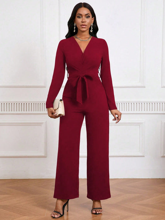 Elegante Stijlvolle Casual Eenvoudige Kruisgeplooide V-hals Rechte Jumpsuit met Lange Mouwen en Strik voor Dames