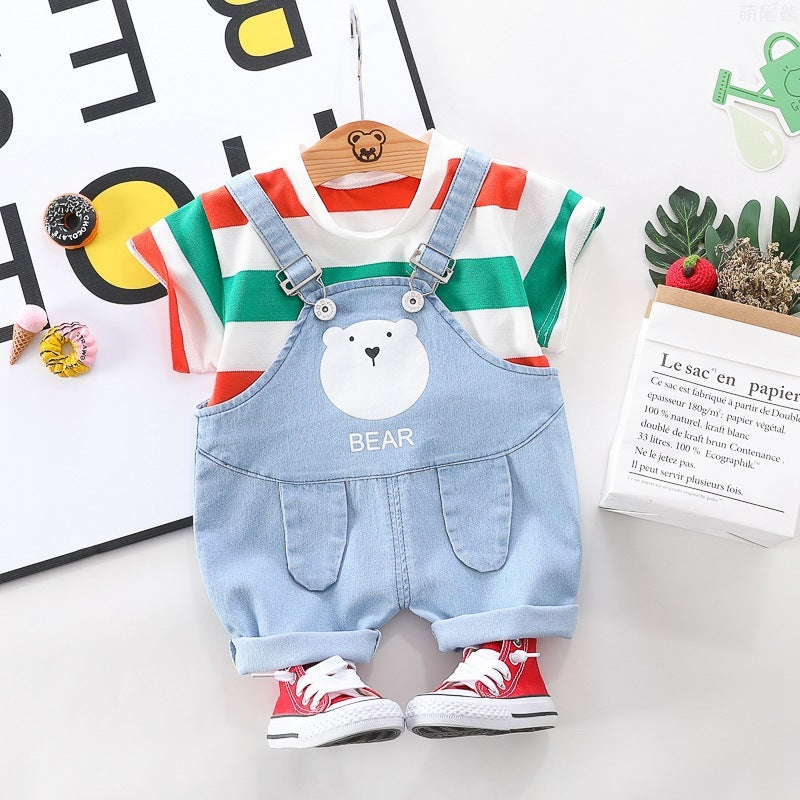 2-delig Outfit Gestreept Casual T-shirt met Korte Mouwen & Blauw Overall met Beerprint voor Baby's/ Peuters