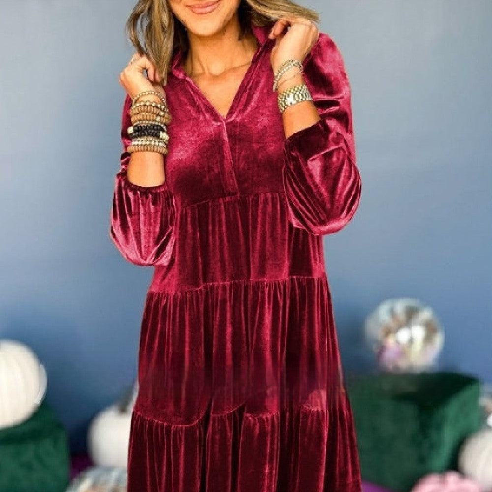 Kerstmis Amerikaanse Elegante Oversized Kerst/Avond Fluwelen Middellange-jurk met V-hals en Lange Mouwen voor Dames & Plus-size