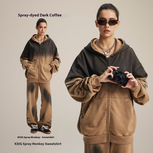 Casual Monkey Washed And Worn Gradient Sweatvest met Capuchon /Joggingbroek voor Unisex