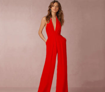 Trendy Casual Effen Kleur Mouwloze Halter Jumpsuit met Zakken voor Dames/Plus-size & Meiden