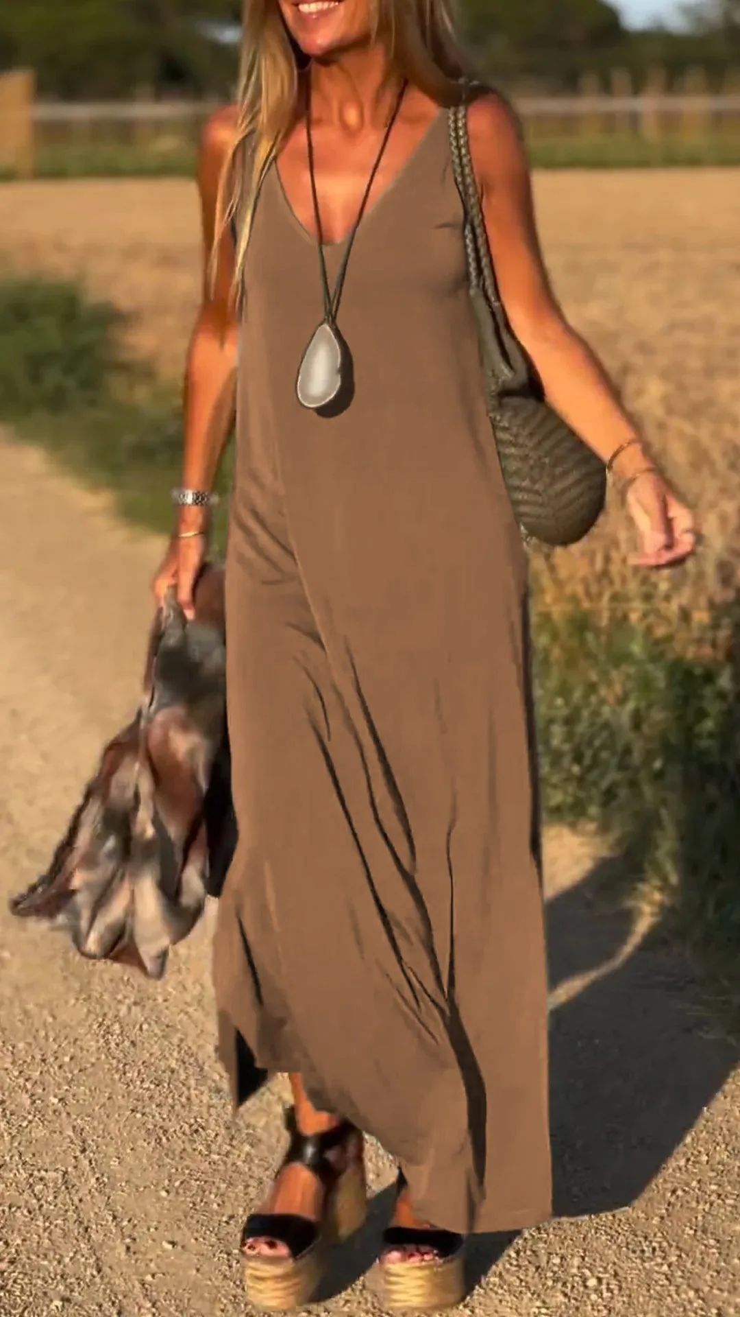 Trendy Casual Mouwloze V-hals Maxi-jurk in Effen Kleur Dames & Plus-size