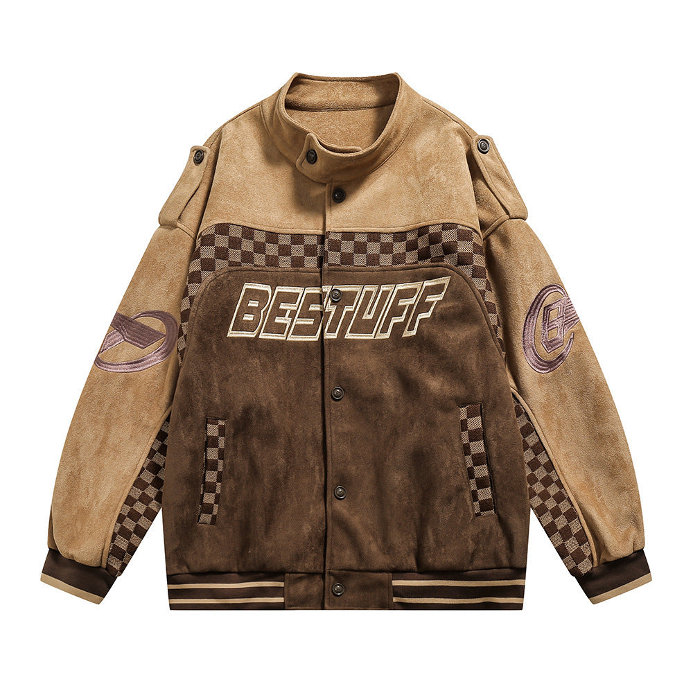 Amerikaanse Retro  Motorjacket met Schaakbordruit Patroon en Patchwork voor Dames & Plus-size