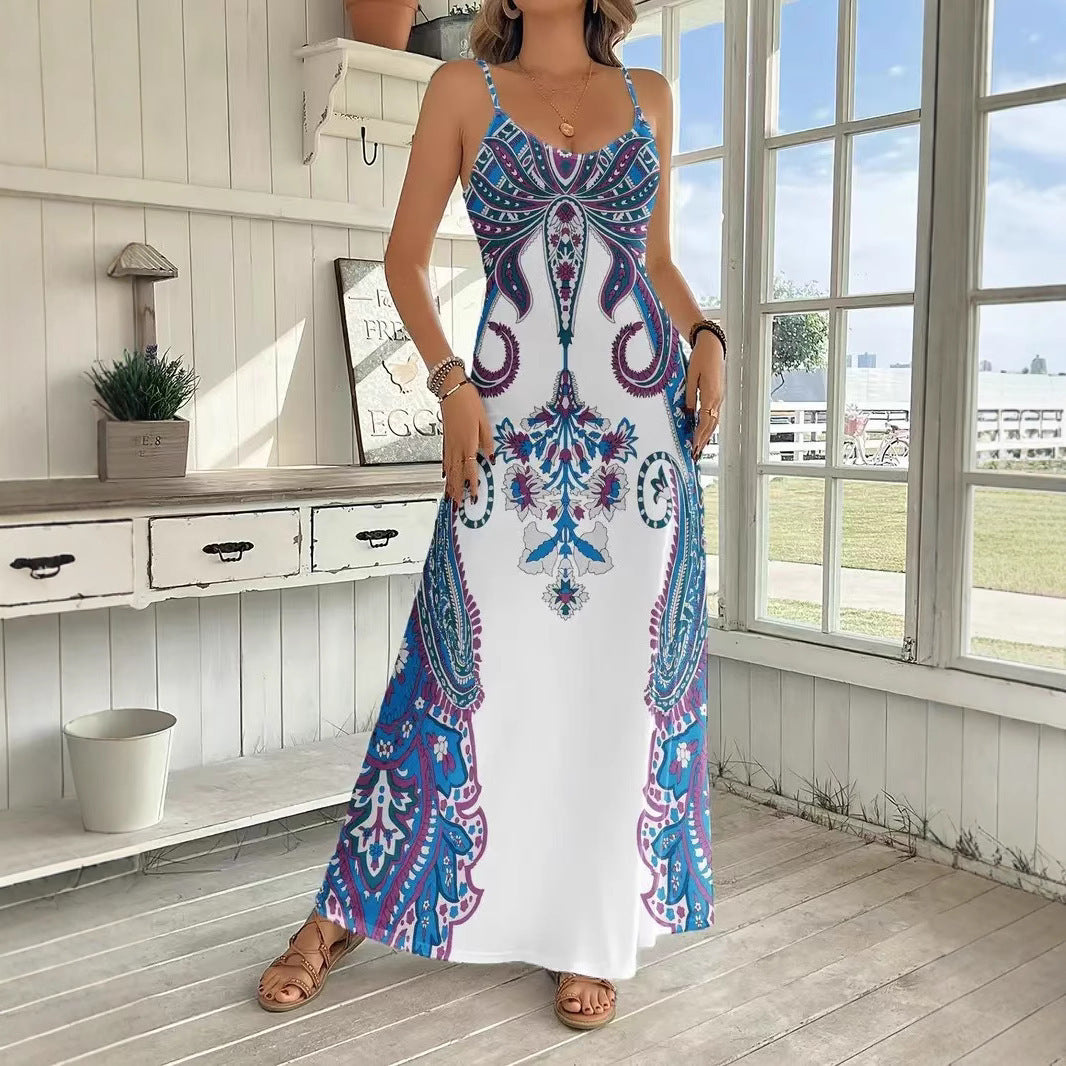 Literaire Stijl Retro Elegante Mouwloze Geometrisch-Print Maxi-jurk met V-hals en Spaghetti Bandjes voor Dames & Plus-size