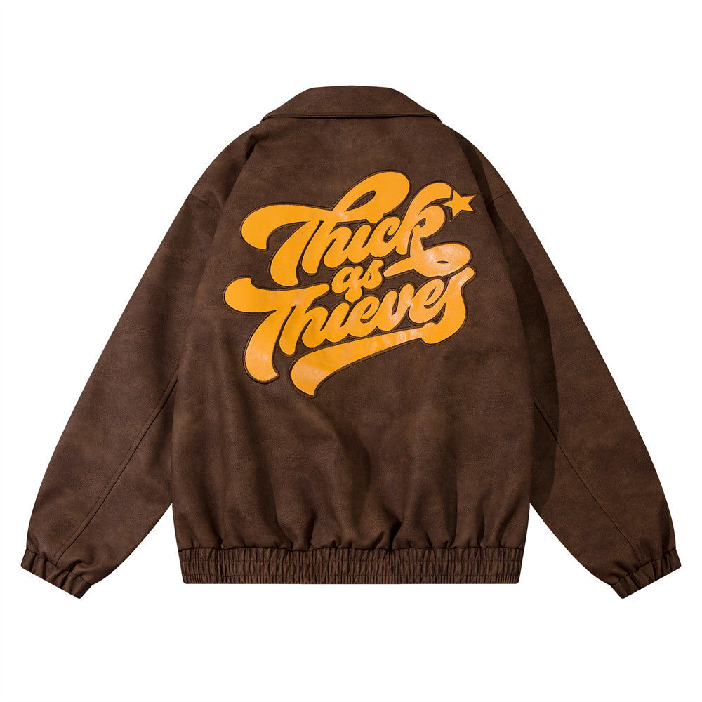 Retro Casual Jacket van PU-Leer met Geborduurde Letters voor Heren & Jongens
