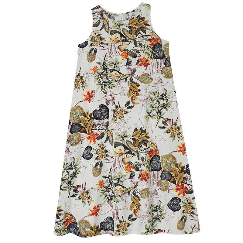 Casual Vintage Mouwloze Linnen Oversized Maxi-jurk met All-Over Bloemenprint en Ronde Hals voor Dames & Plus-size