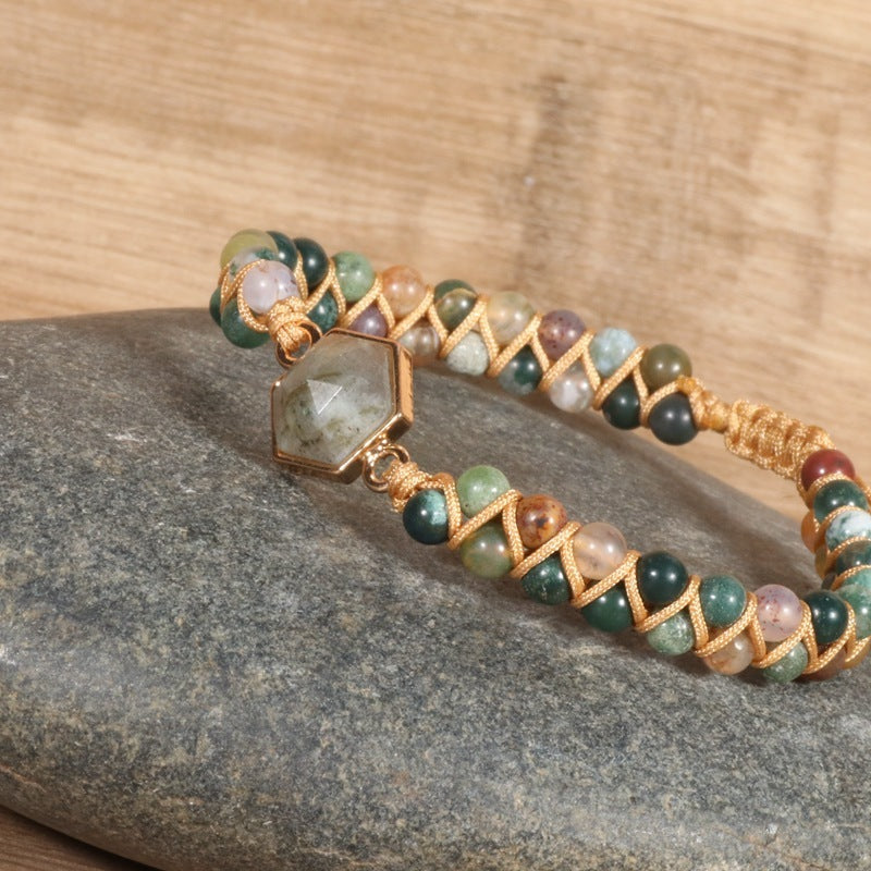 Indiase Agaat Zeshoekige Bedel Gevlochten Armband voor Dames