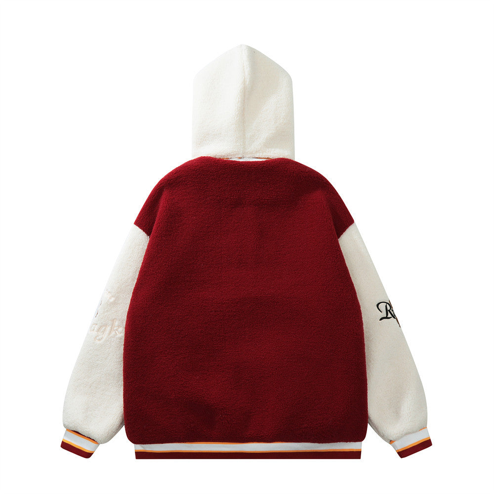 Casual Varsity-Jacket van Lamswol met Capuchon en Geborduurde Letters voor Heren