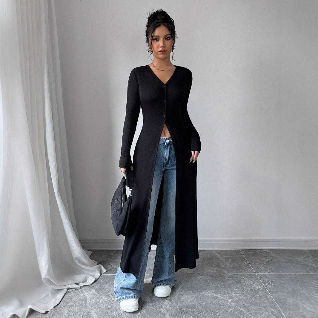 Amerikaanse Effen Kleur Afslankende Lange Knoop-Cardigan met V-hals en Lange Mouwen voor Dames & Plus-size