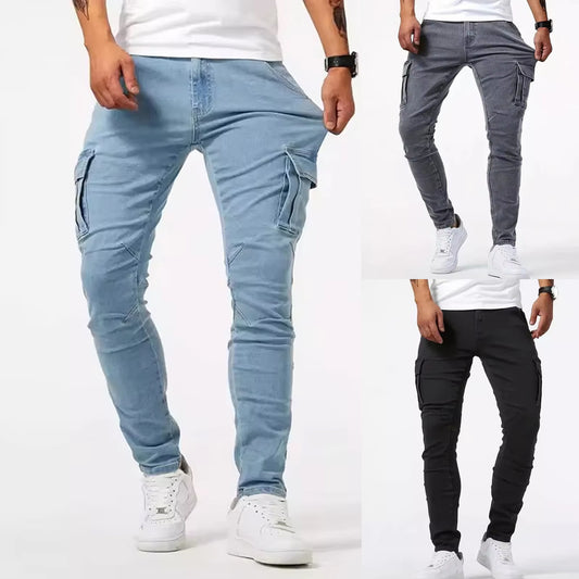 Europese Stijlvolle Casual Recht Lichtgewicht Stretch Slim Fit Multi-pocket Cargojeans met Knoop en Ritssluiting voor Heren &