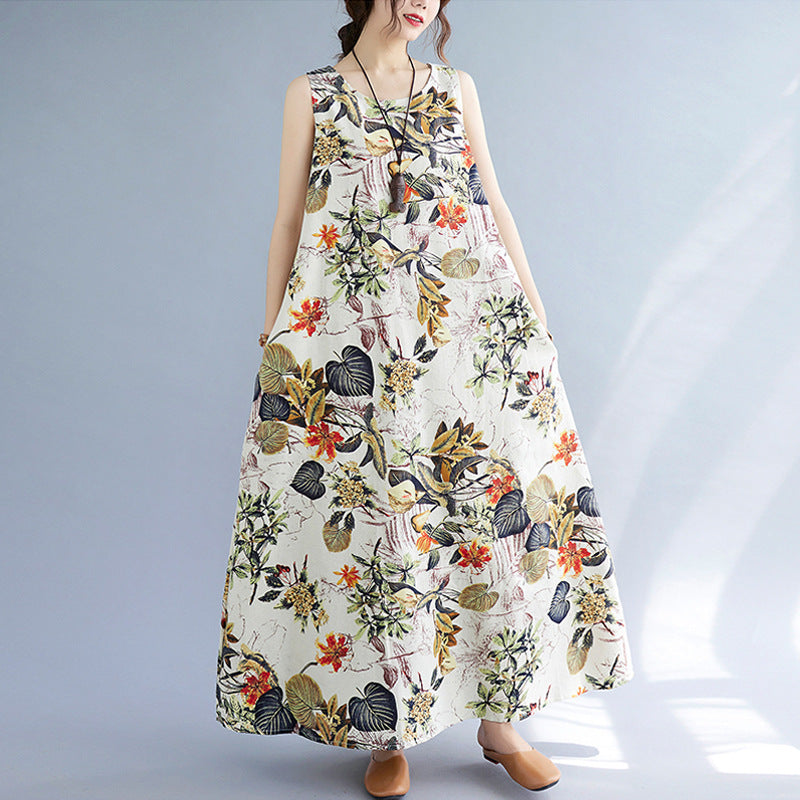 Casual Vintage Mouwloze Linnen Oversized Maxi-jurk met All-Over Bloemenprint en Ronde Hals voor Dames & Plus-size