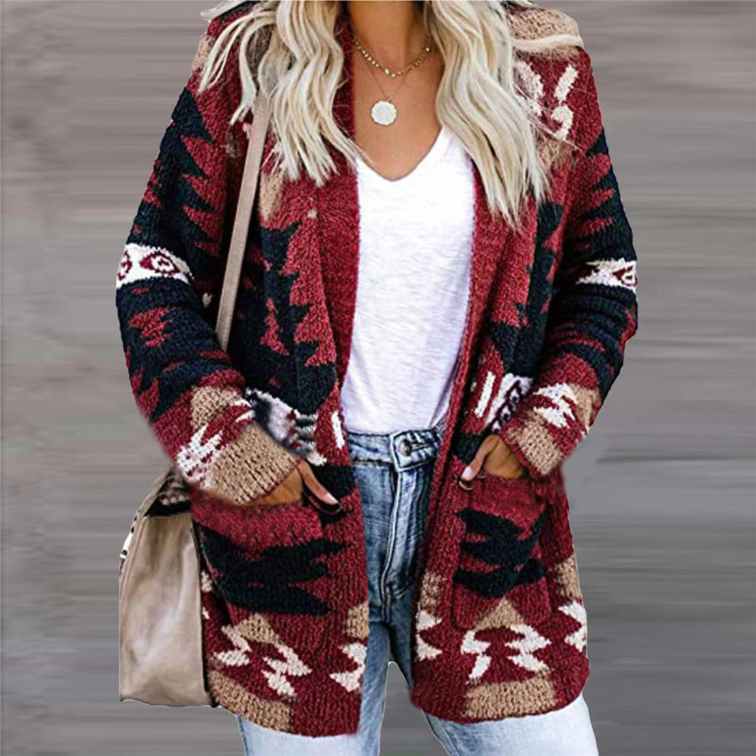 Kerstmis Unieke Oversized Gebreide Trui Cardigan met Gebreide Etnische-patroon en Zakken voor Dames & Plus-size