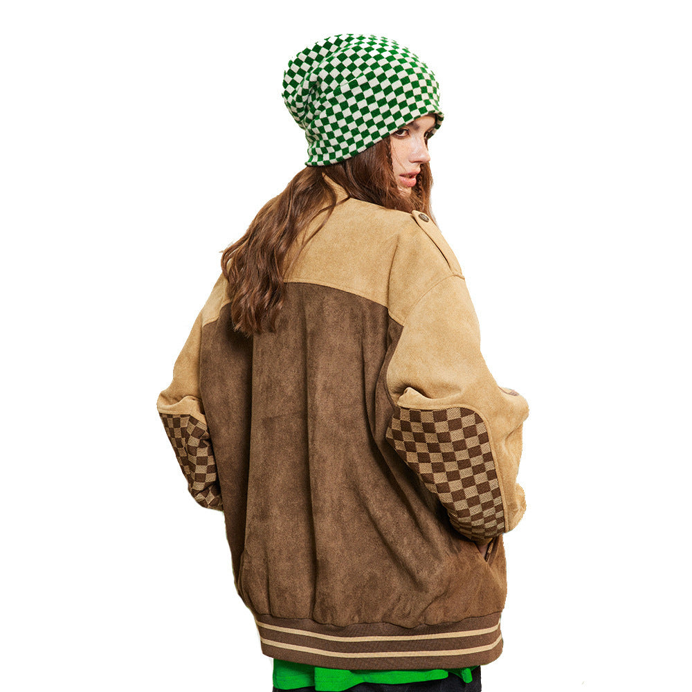 Amerikaanse Retro  Motorjacket met Schaakbordruit Patroon en Patchwork voor Dames & Plus-size