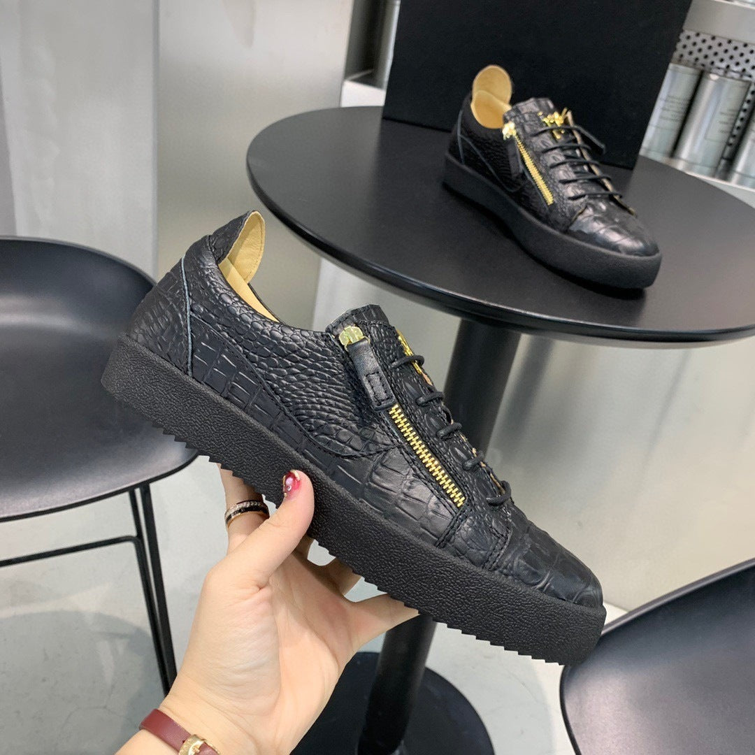 Europese Casual Comfortabele Effen Kleur Low-Top Sneakers van Echt Leer met Krokodillenpatroon en Ritssluiting voor Heren