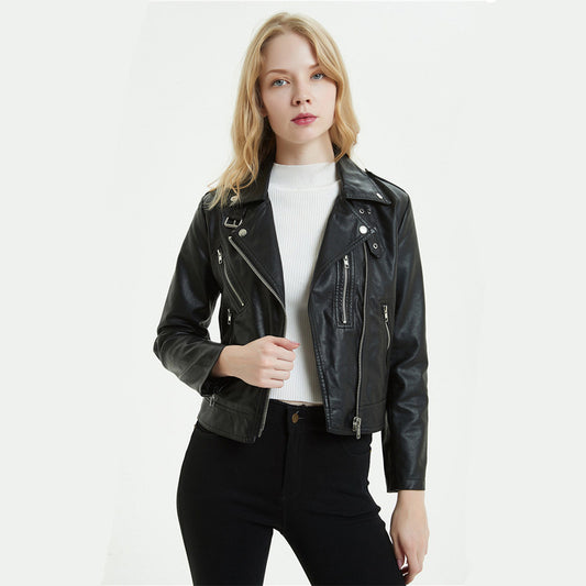 Europese en Amerikaanse Vintage Korte Motorjacket van PU-Leer met Ritssluiting voor Dames