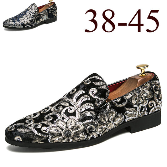 Europese en Amerikaanse Elegante Feestelijke Puntige Instap Loafers met Pailletten en Geborduurde Bloemenpatroon van Echt Leer voor Heren