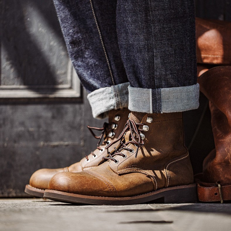 Europese Casual Retro Honingwas Workboots van Echt Leer met Ronde Neus en Vetersluiting voor Heren