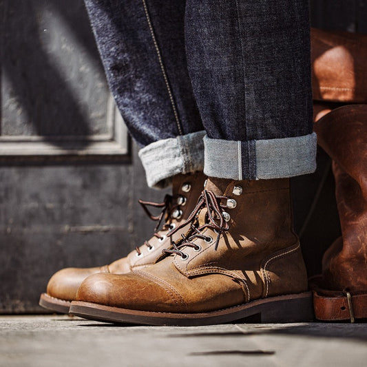 Europese Casual Retro Honingwas Workboots van Echt Leer met Ronde Neus en Vetersluiting voor Heren