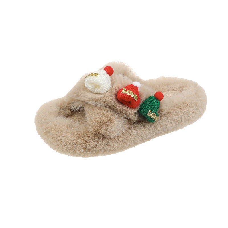 Kerstmis Winterse Warme Katoenen Teenbedekkende Kerstpantoffels van Pluche met Gebreide Kerstmutsjes voor Binnen in Huis voor Dames & Meiden