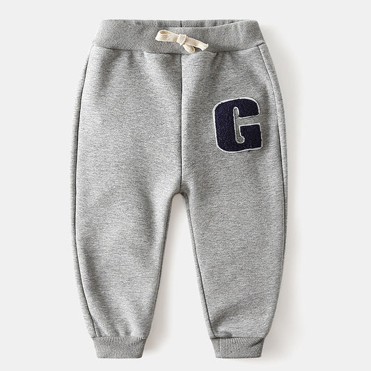 Casual Warme Verdikte Fluwelen Geborduurde Letter Joggingbroek met Achterzak en Trekkoord voor Kinderen