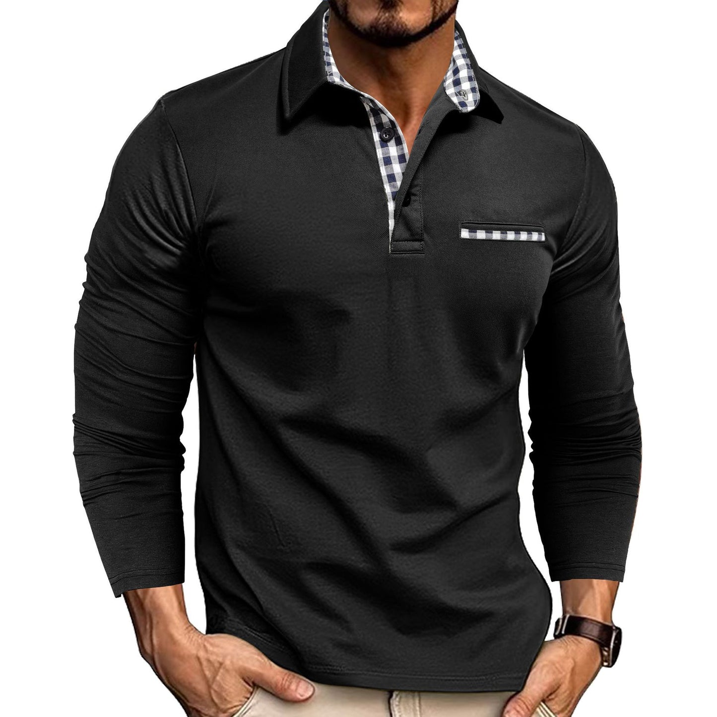 Stijlvolle Design Casual Geruite Splicing Revers Poloshirt in Effen Kleur Lange Mouwen voor Heren
