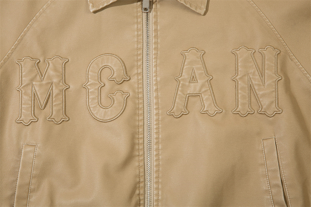 Trendy Losse Jacket van PU-Leer en Geborduurde Letters voor Heren