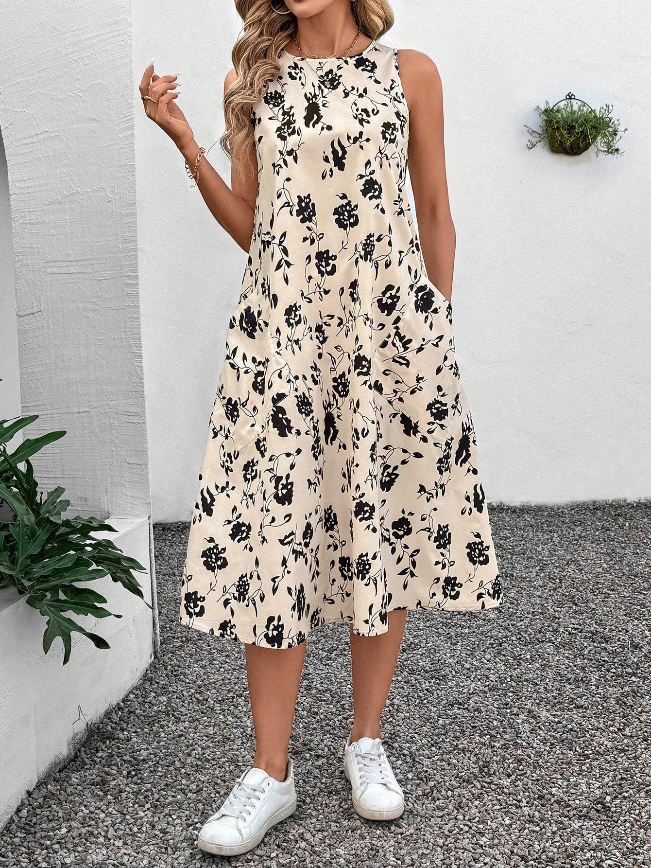 Elegante Vintage Effen Kleur Mouwloze Bloemenprint Jurk met Hoge Hals voor Dames & Plus-size