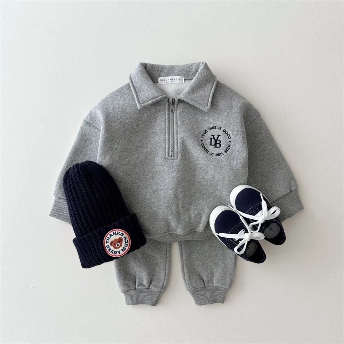 Tweedelig Pak Revers Fleece-gevoerde Sweatshirt met Rits & Joggingbroek voor Babý's/ Peuters