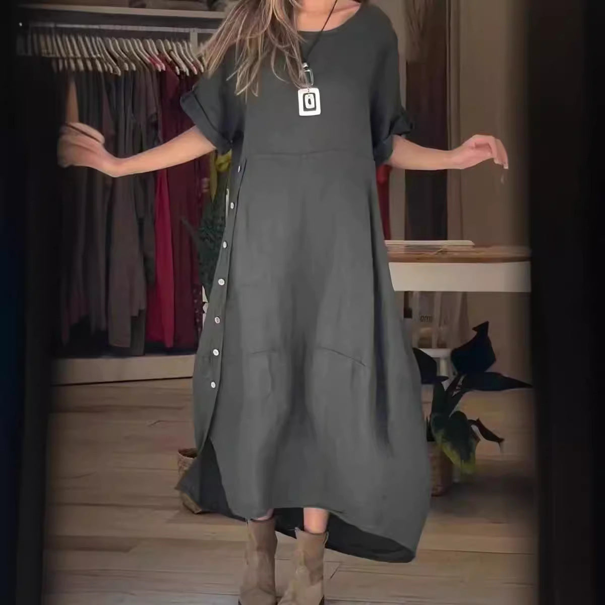 Casual Oversized Katoenen Linnen Korte Mouw Maxi-jurk in Effen met Knoopsluiting en Ronde Hals voor Dames & Plus-size