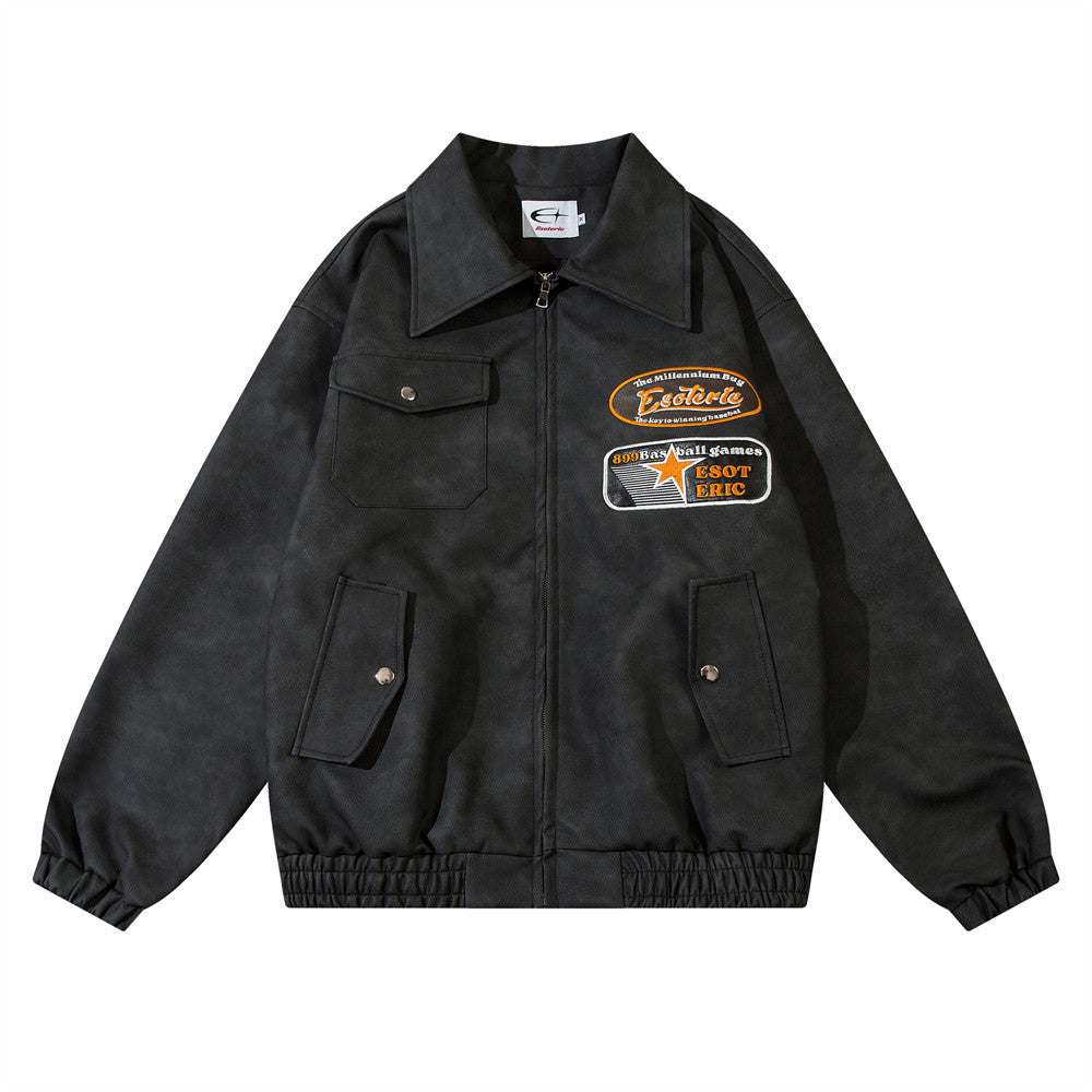 Retro Casual Jacket van PU-Leer met Geborduurde Letters voor Heren & Jongens