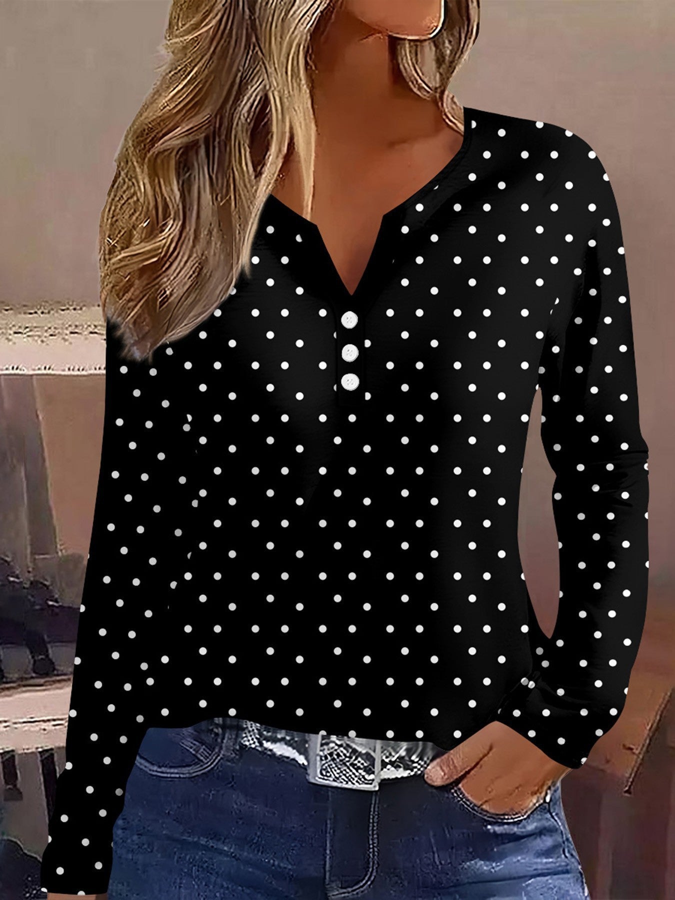 Amerikaanse Modieuze Oversized All-match Trendy V-hals Long-Sleeve Shirt met Geometrisch Patroon voor Dames & Plus-size