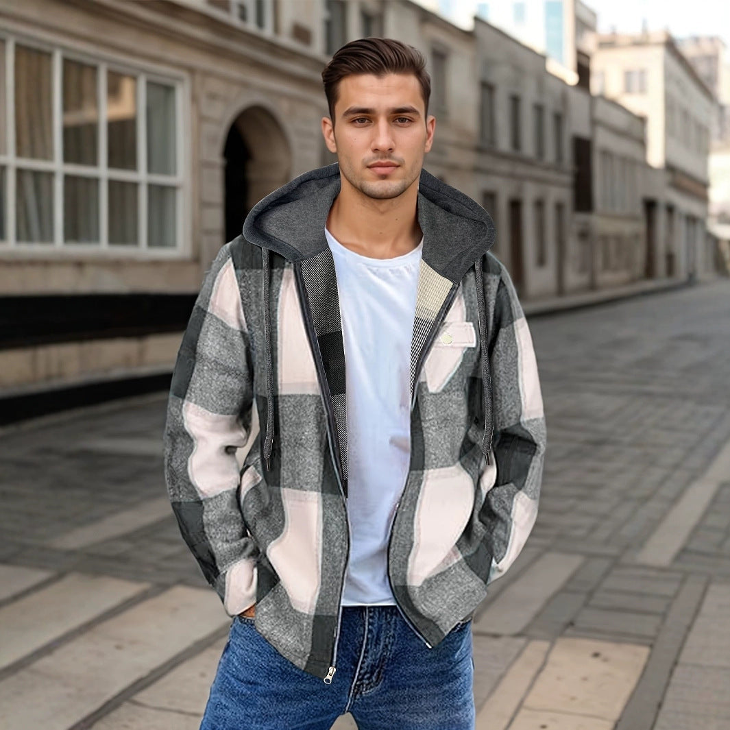 Warme Retro Geruite Flanellen Jacket met Capuchon en Ritssluiting voor Heren